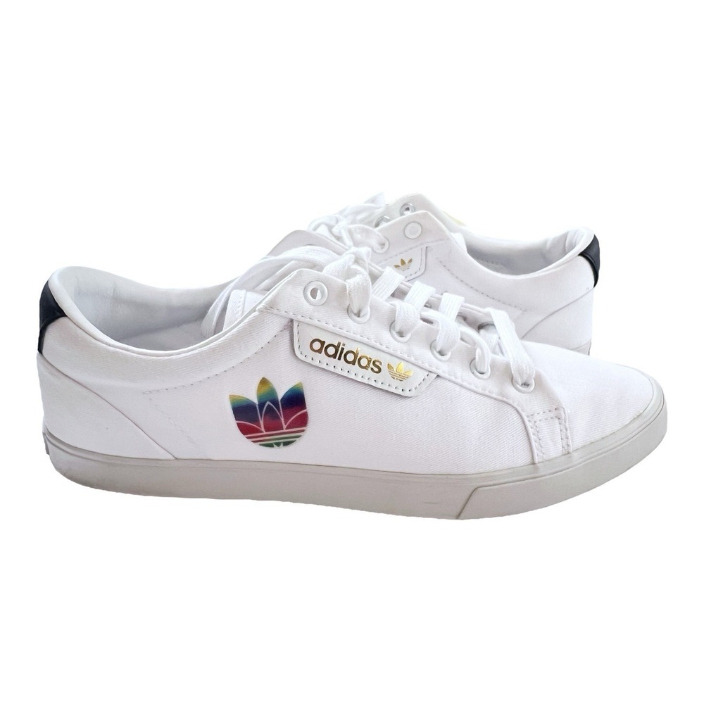 Adidas Sleek‎ White Sneakers Rainbow and Gold Logo Canvas Shoes Womens 9M